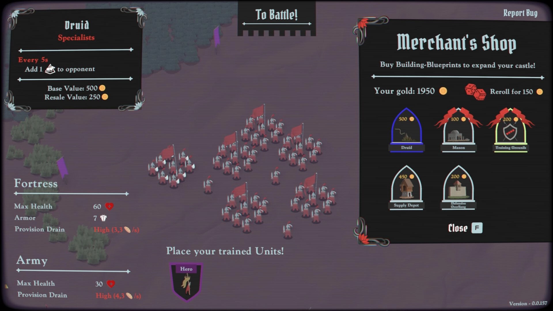 Unbreachable: Merchant’s Shop blueprint menu and unit placement grid with soldiers near fortress map.