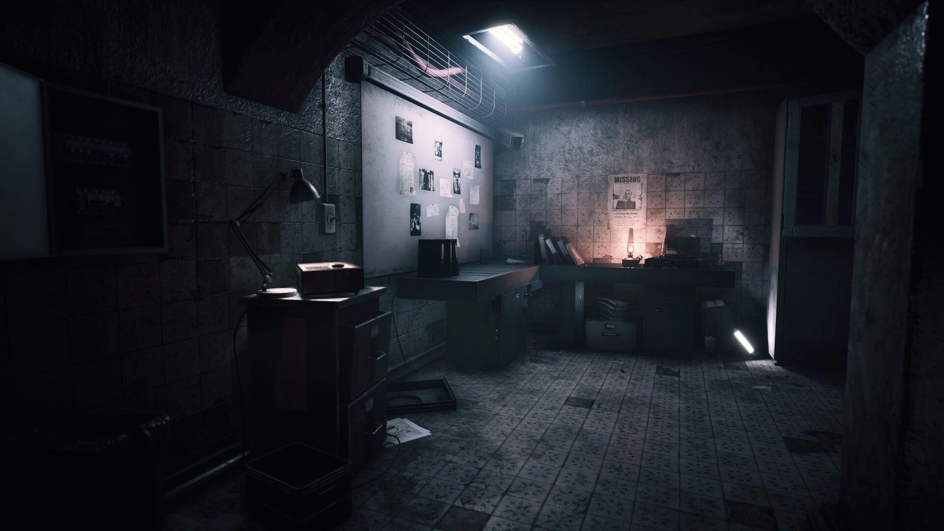 UNHOST: Dim hospital office with desks, files, and a lit missing poster on stained tiled walls.