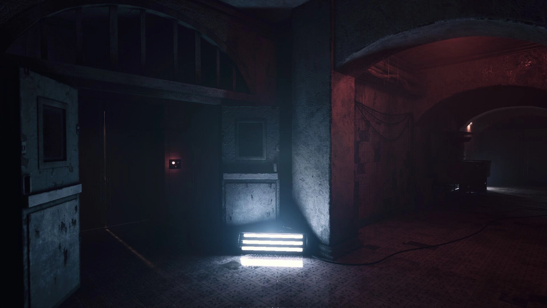 UNHOST: Flashlight-lit corridor with open door and bright floor lamp in a shadowy hospital hallway.