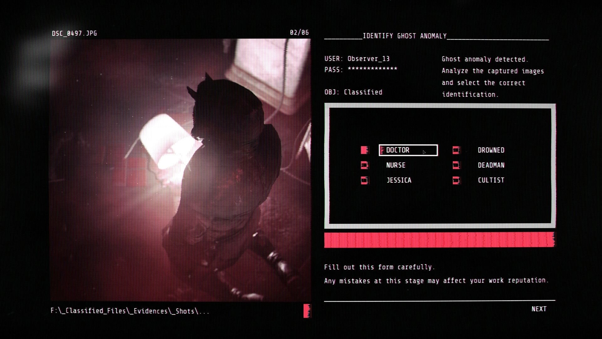 UNHOST: Identify ghost anomaly form with Doctor/Nurse options beside a grainy shadow photo in hallway.