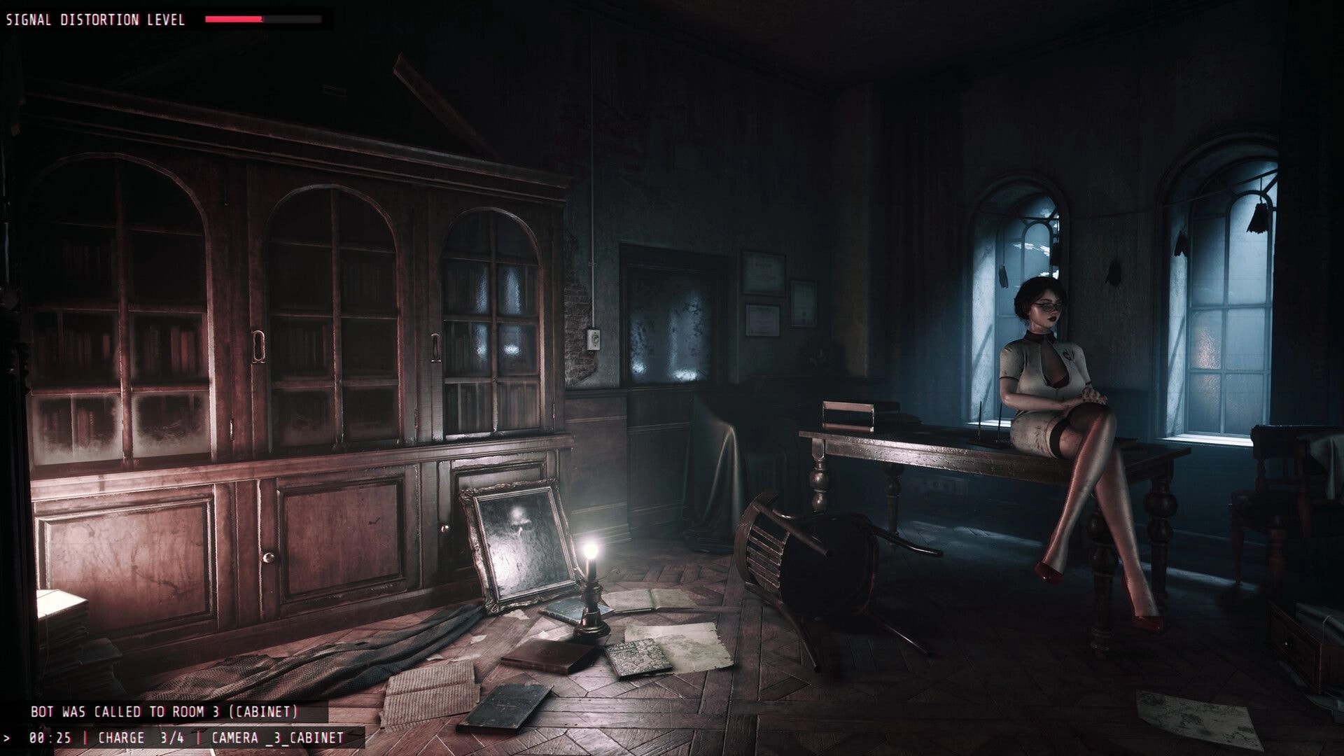 UNHOST: Surveillance camera view with distortion meter in dusty office, woman seated on desk by windows.