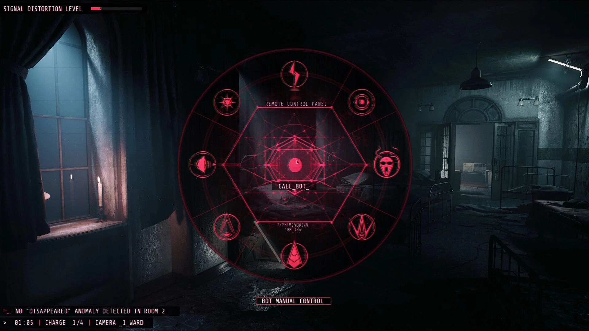 UNHOST: Remote control panel UI over dark hospital ward with beds, candles, and signal meter.