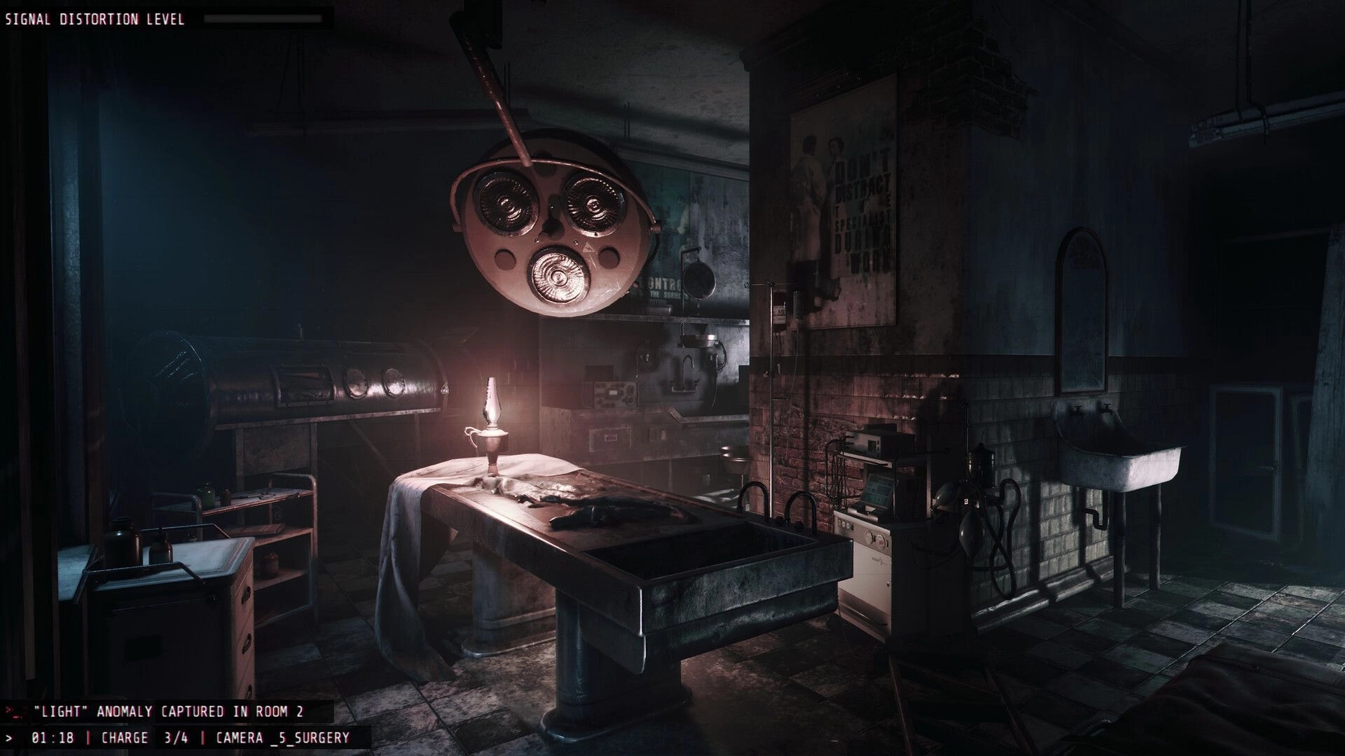UNHOST: Surveillance view of eerie surgery room with operating table, lamp, and anomaly alert UI.