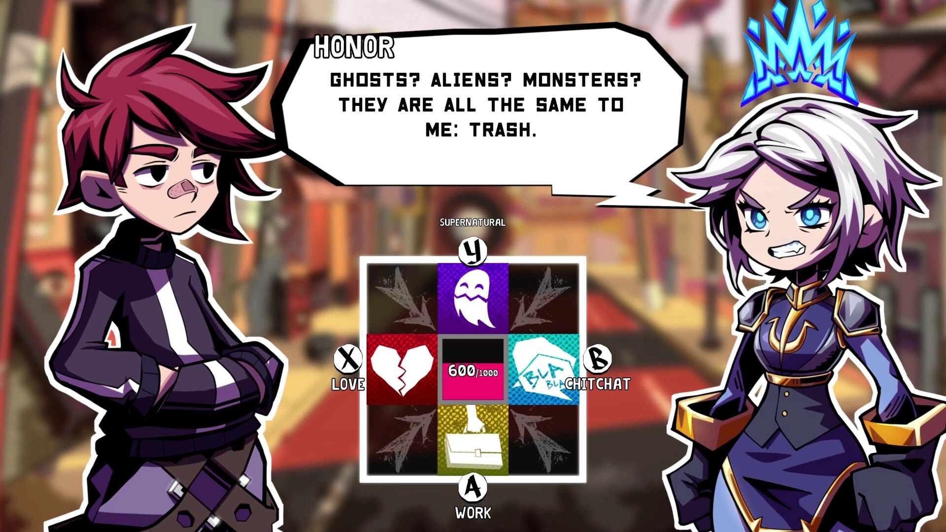 URBANO: Dialogue scene with Honor and choice wheel for Love, Chitchat, Work in a city street background.