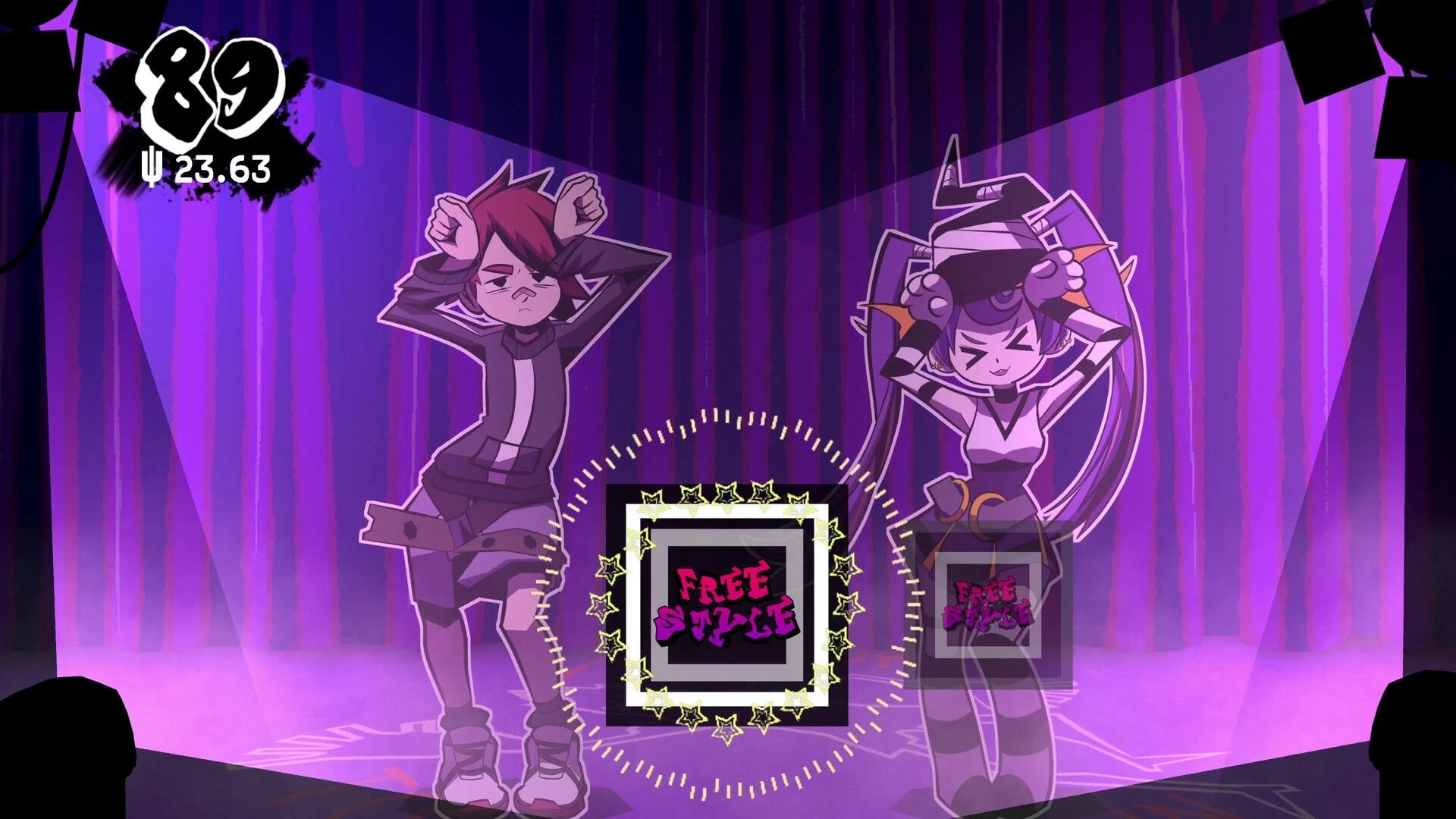 URBANO: Rhythm freestyle prompt with two dancers posing on a purple stage, score 89 and timer UI.