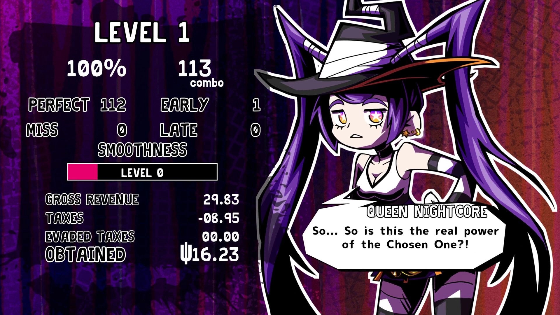 URBANO: Level 1 results screen with 100% and 113 combo beside Queen Nightcore dialogue on purple backdrop.
