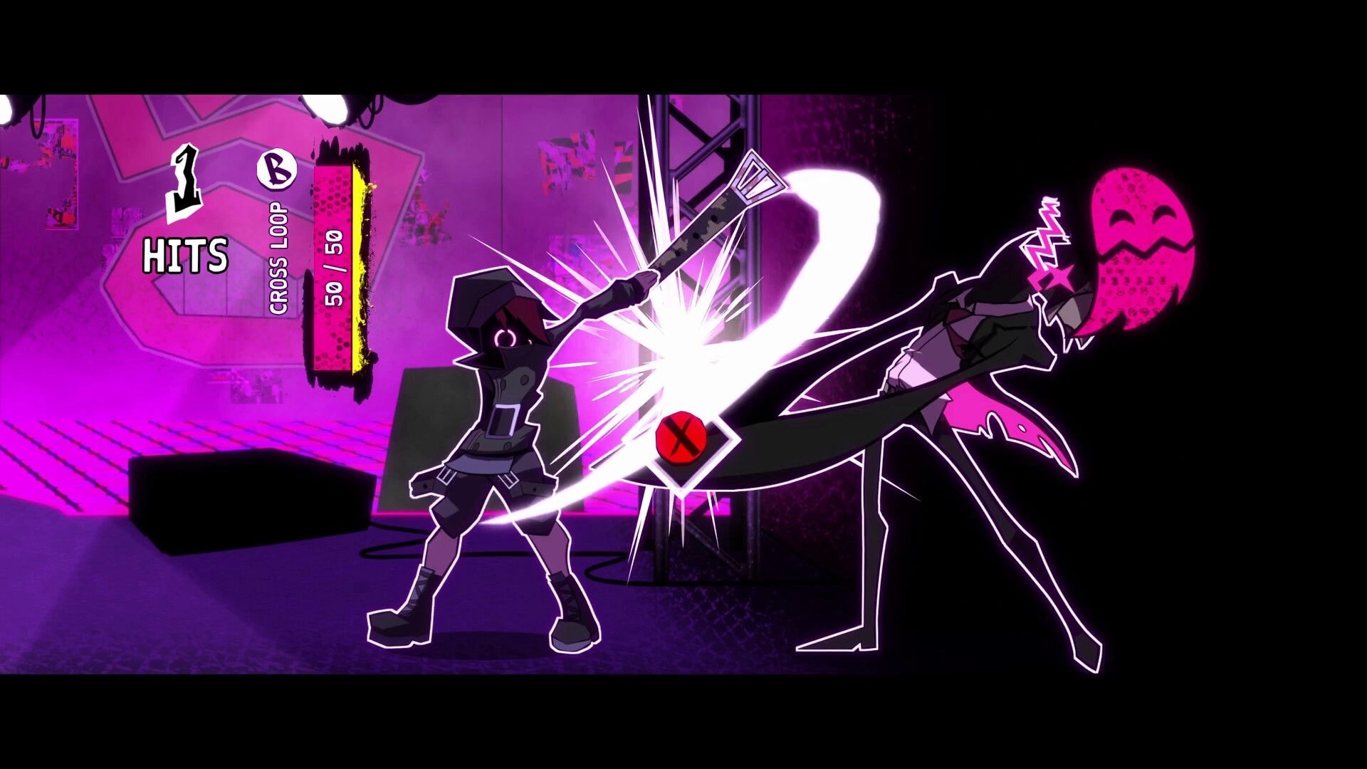 URBANO: Hooded fighter slashes a masked enemy in neon alley, with hits meter and QTE prompt UI.