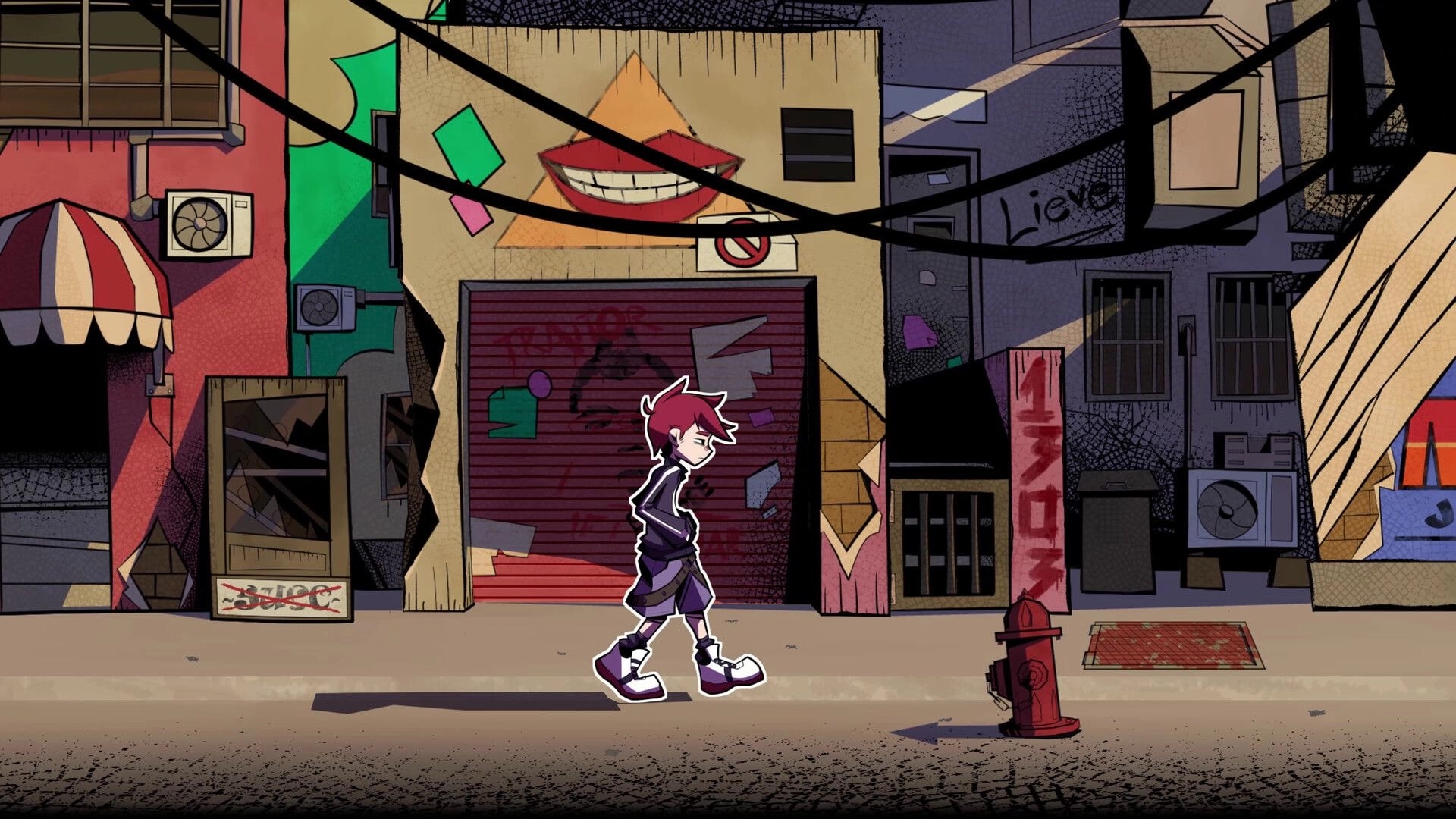 URBANO: Red-haired teen walks past a shuttered shop and graffiti in a cluttered city alley street.
