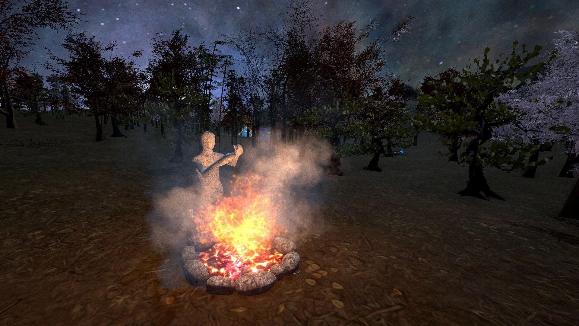 Vapor Strange: Stone figure warming by a smoky campfire in a dark forest under a starry sky.