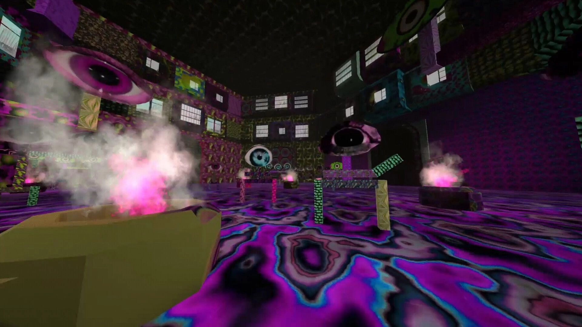 Vapor Strange: First-person view of giant floating eyes and pink smoke in a neon patterned chamber.