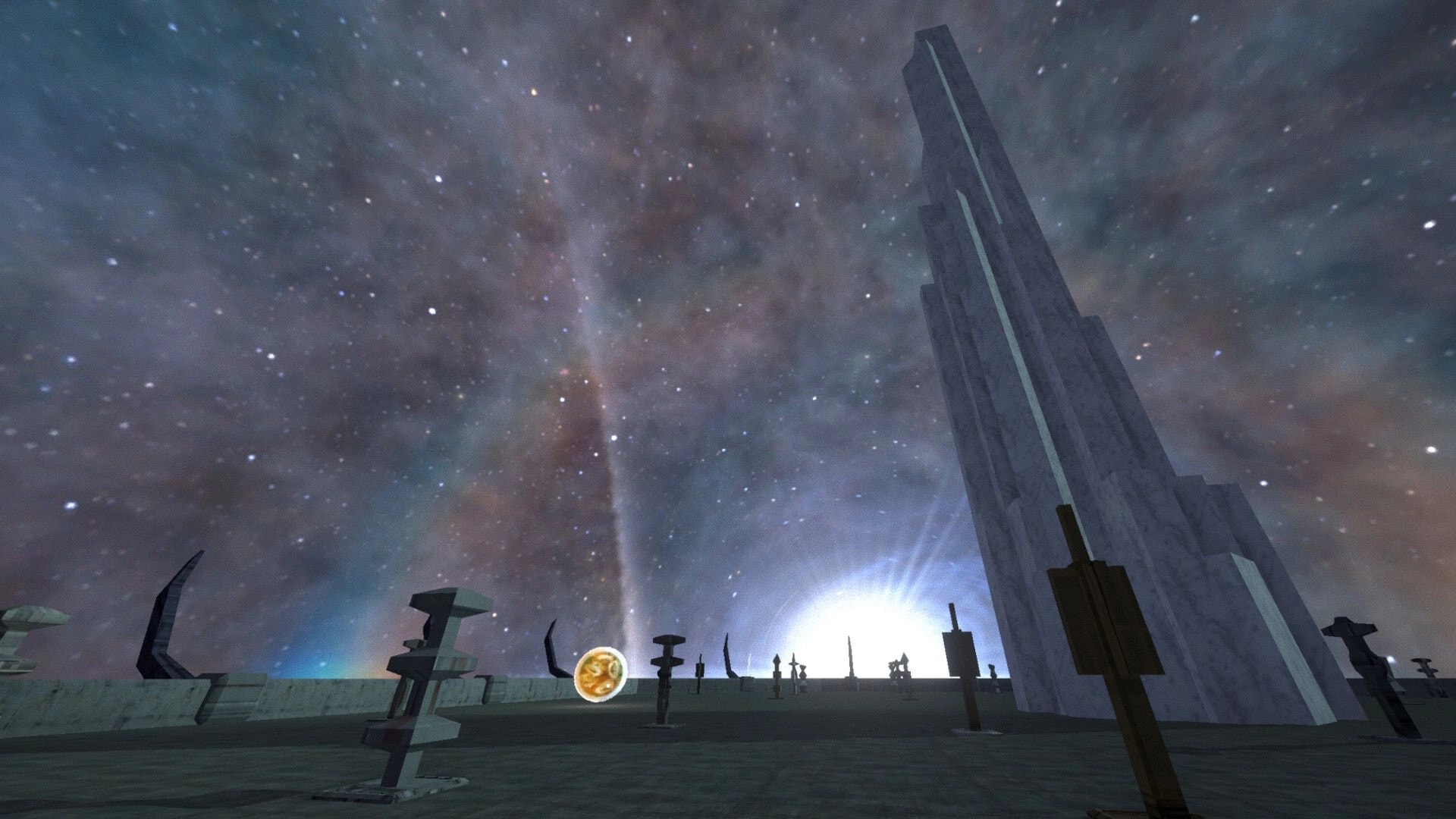 Vapor Strange: Looking across alien plain with towering monolith under starry sky and bright horizon glow.