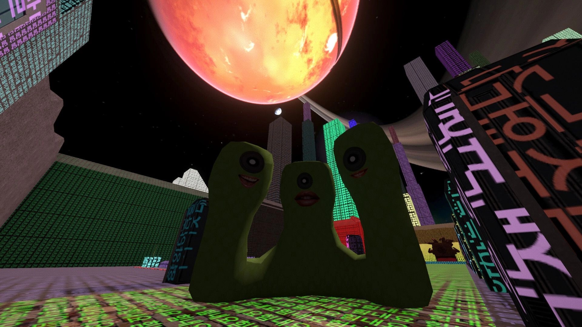 Vapor Strange: Three green blob creatures pose in neon code city under a huge orange planet sky.