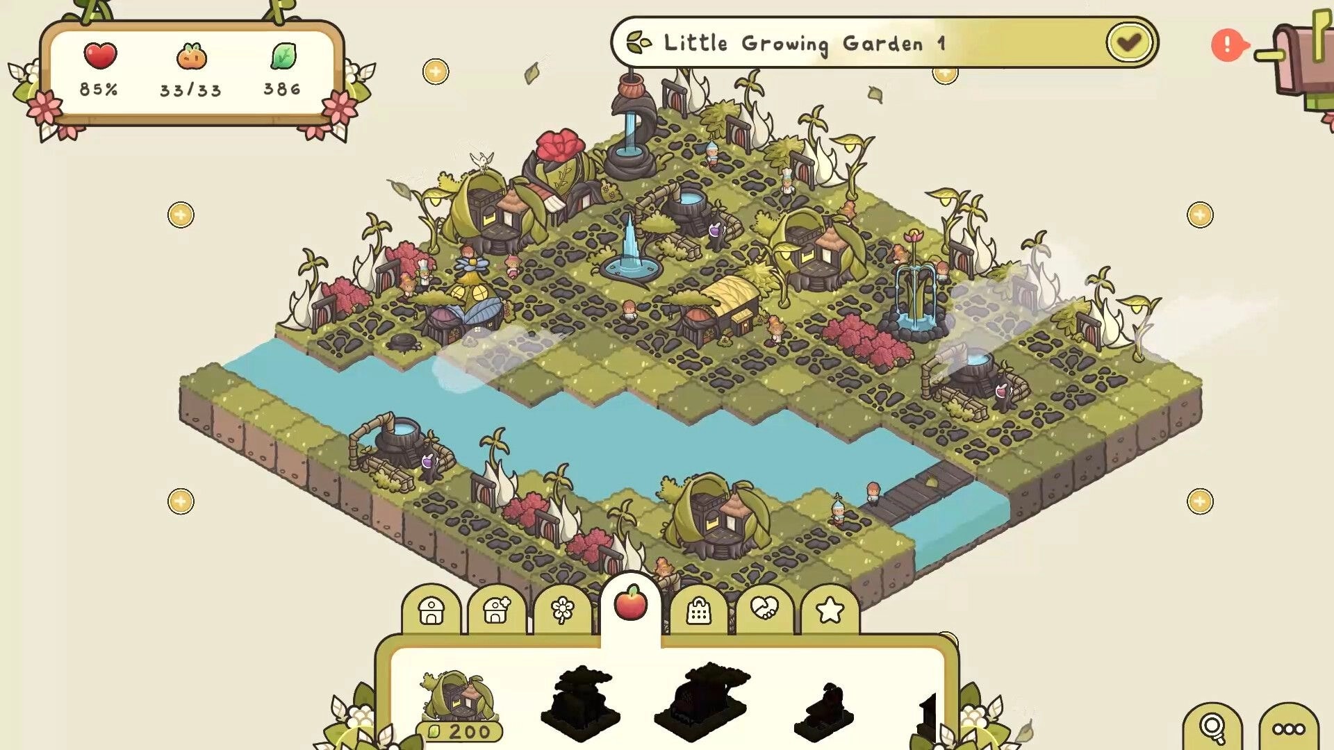 Verde: Isometric town view with seedlet huts, fountains and paths; build menu and stats UI open.