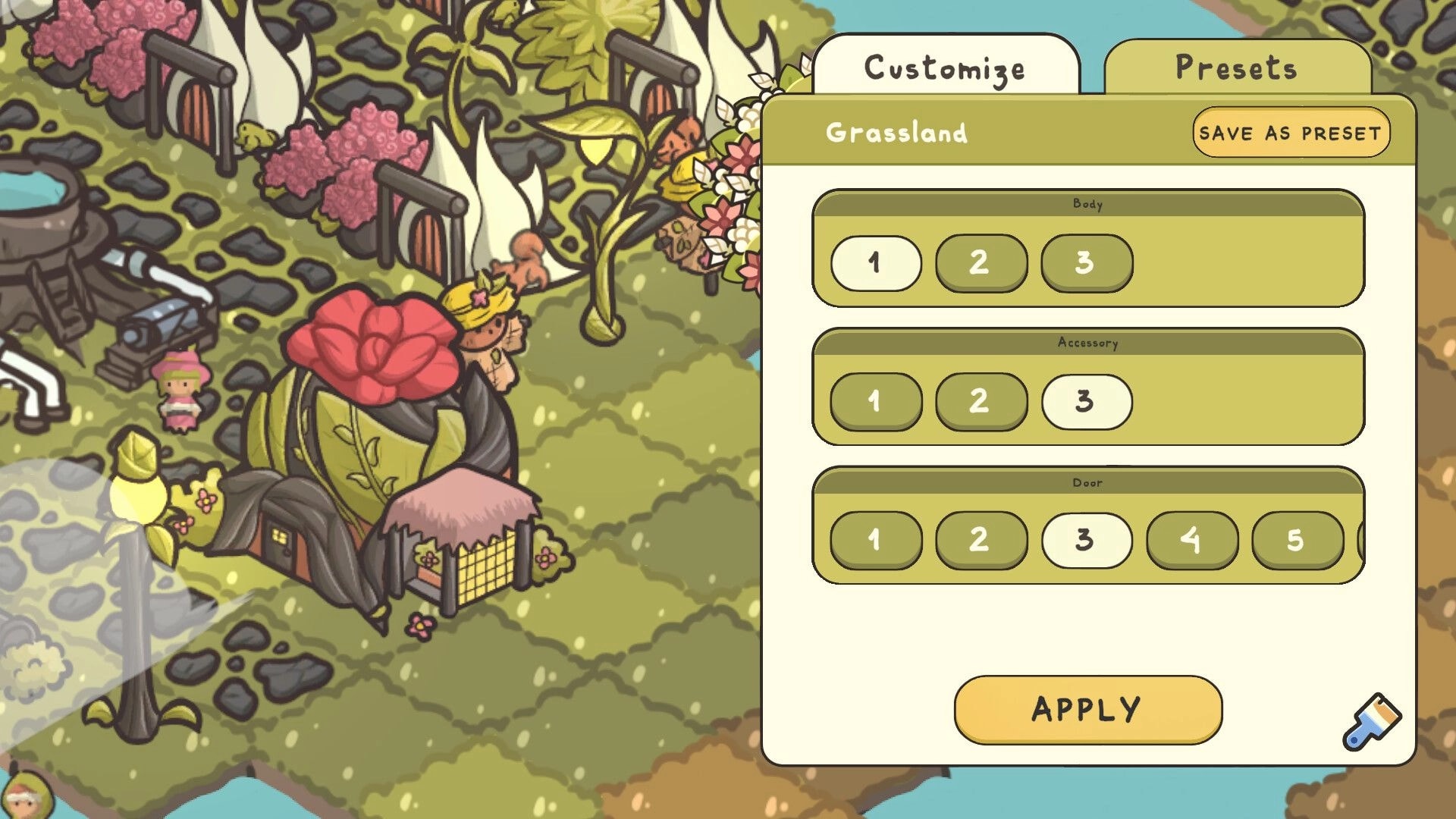 Verde: Grassland customize menu with body, accessory, door options over a leafy village scene.