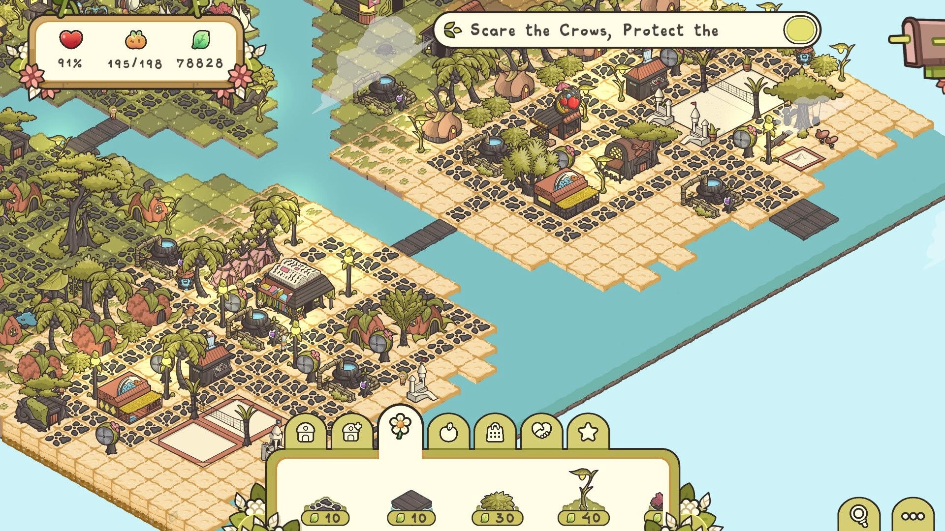 Verde: Town-building view with task banner and resource HUD over sandy islands linked by bridges.