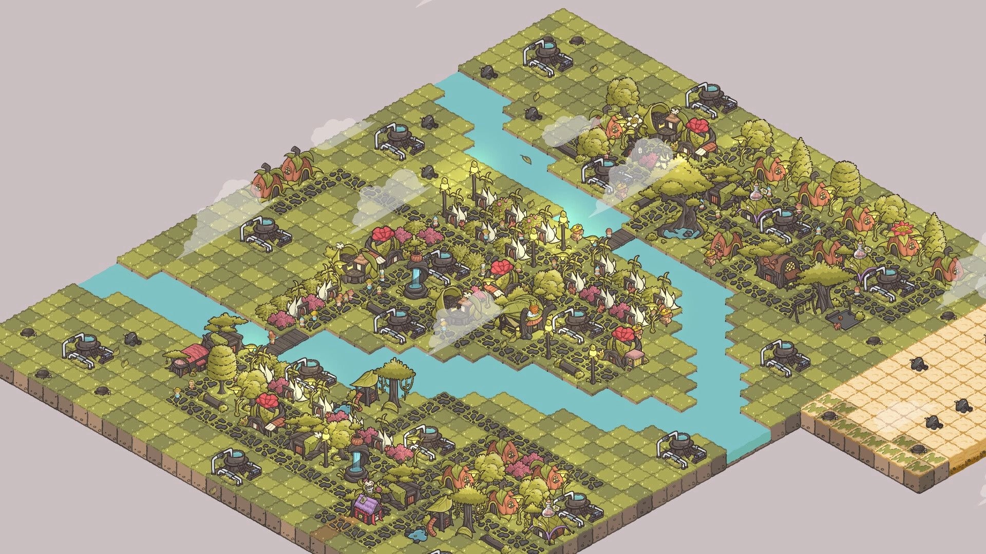 Verde: Isometric town map with canals, farms, seedlet huts, and water pumps on grassy tiles.