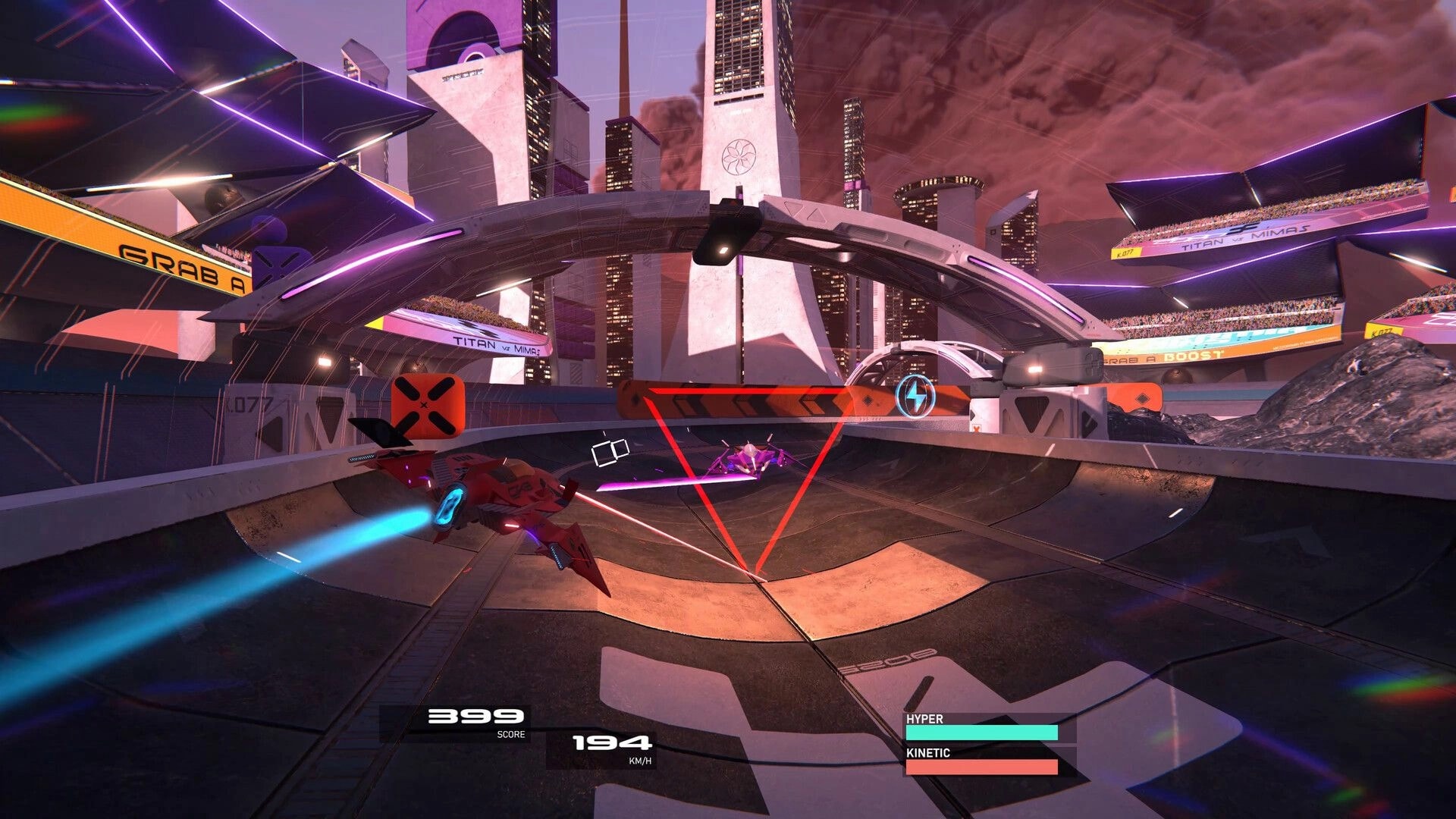 Verses: Red hoverbike races toward a glowing triangle gate in a neon sci-fi stadium track with HUD.