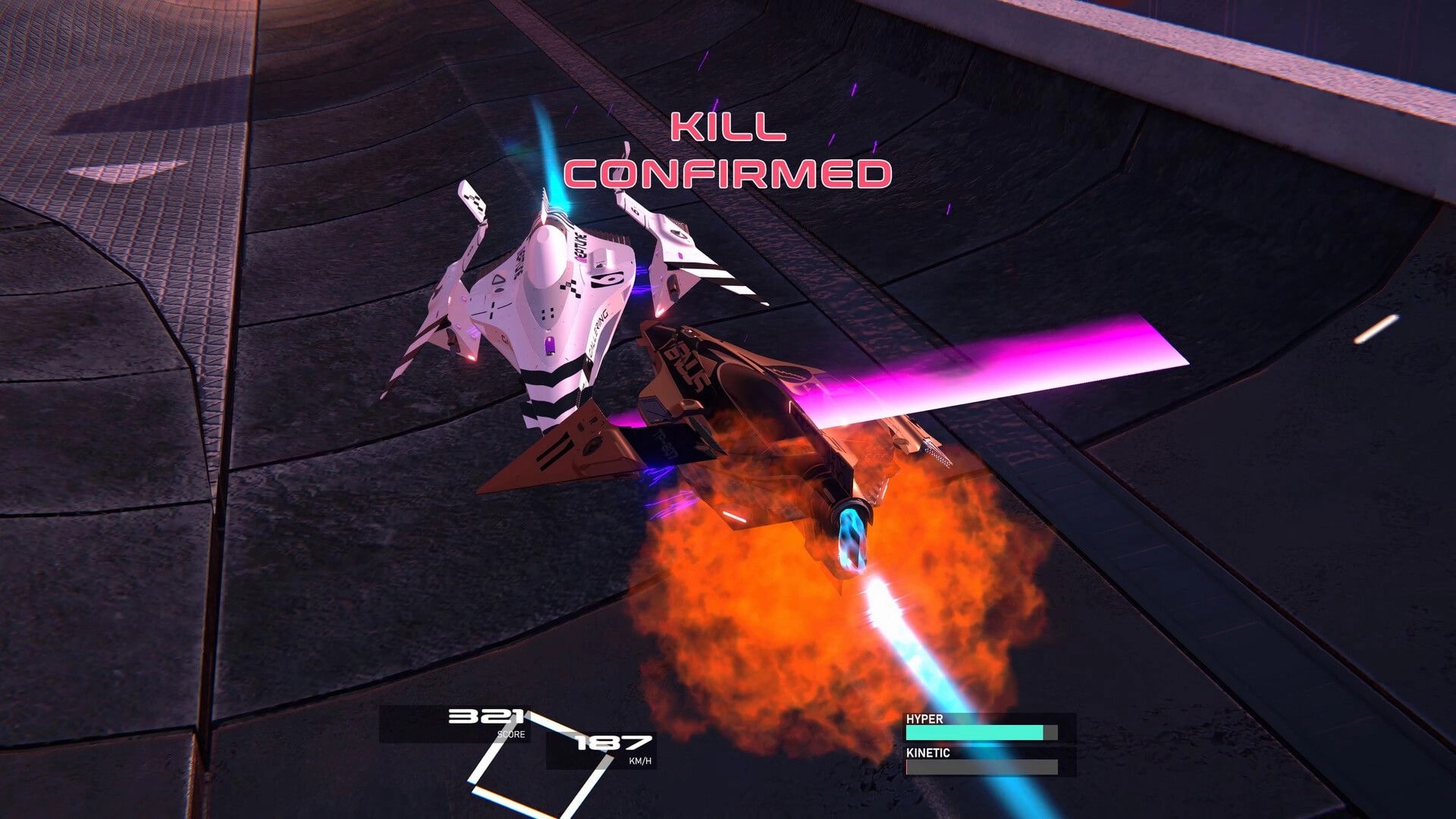 Verses: Reaver slams rival with purple energy blade as KILL CONFIRMED flashes on a banked track.