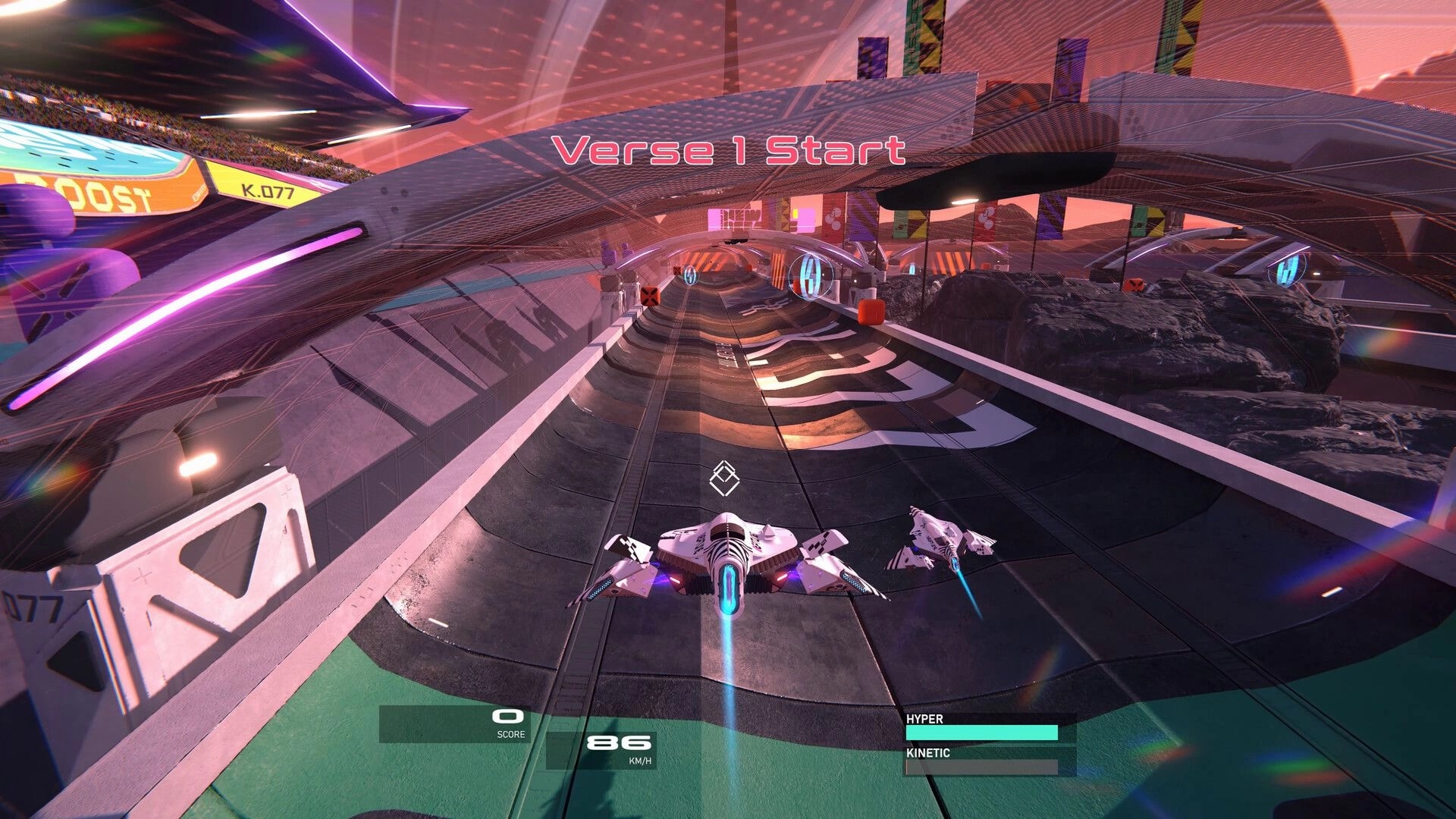 Verses: Two hovercraft launch at Verse 1 Start on a neon stadium track with speed and hyper UI.