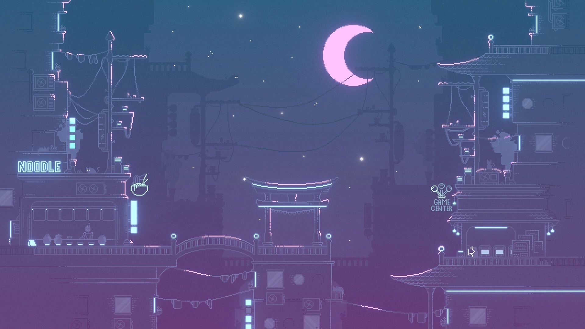 Versus in the Dark: Platform level with neon-lit buildings and players navigating under a crescent moon