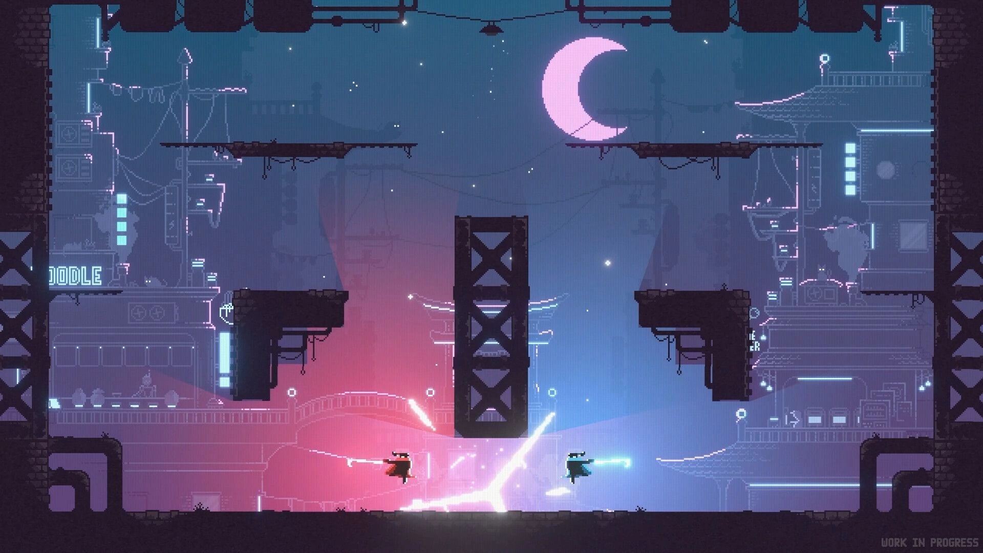 Versus in the Dark: Intense duel with three players leaping in neon-lit cityscape with visible hearts UI