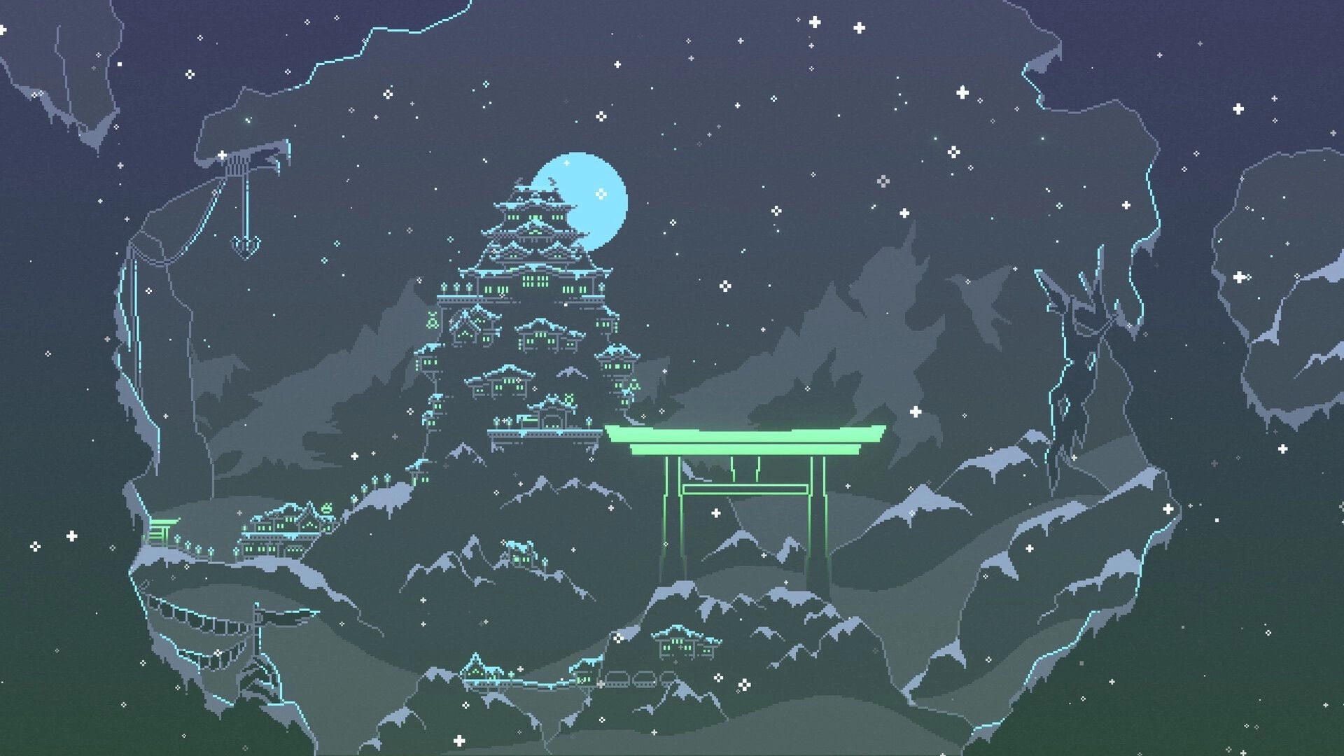 Versus in the Dark: Moonlit mountain landscape with glowing torii gate and starry sky backdrop