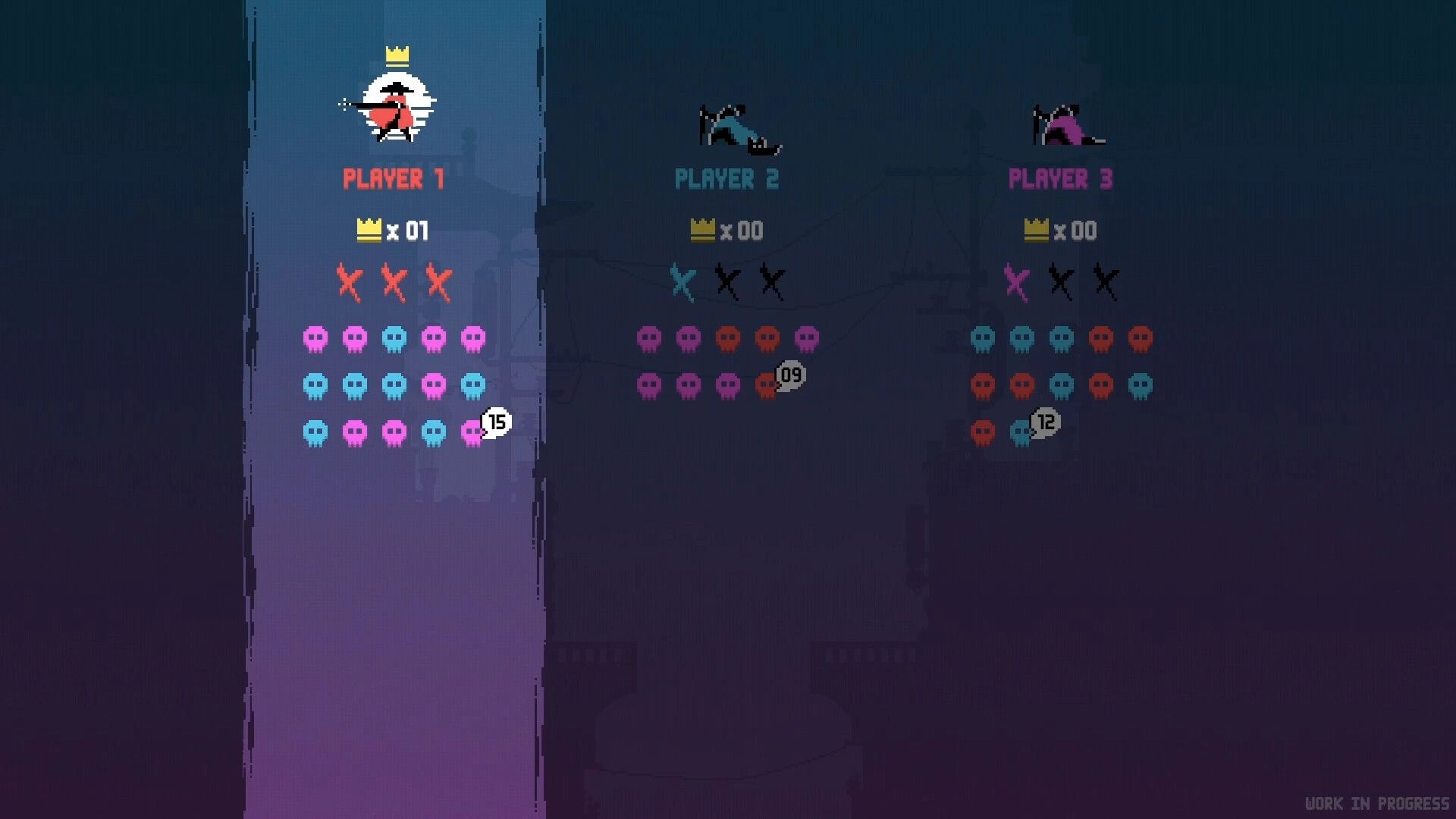 Versus in the Dark: Player stats display with crown icons and colorful skull tallies in dark setting