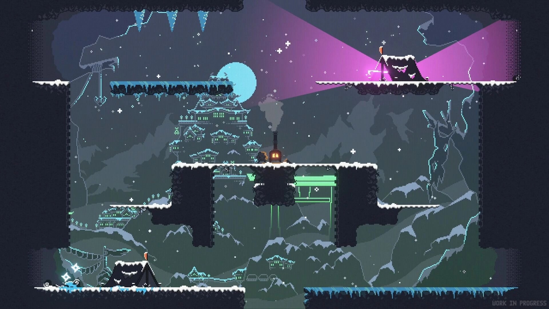 Versus in the Dark: Snowy platform duel with players hiding and a city backdrop under a starry night sky