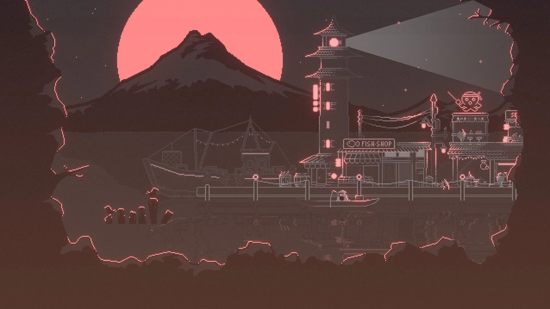 Versus in the Dark: Neon-lit harbor village with a towering lighthouse under a massive, glowing red moon