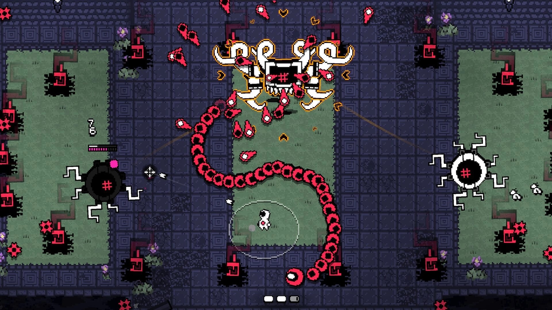 VOIDFACE: Player dodges red bullet chains and eye orbs in a tiled dungeon arena with health bar UI.