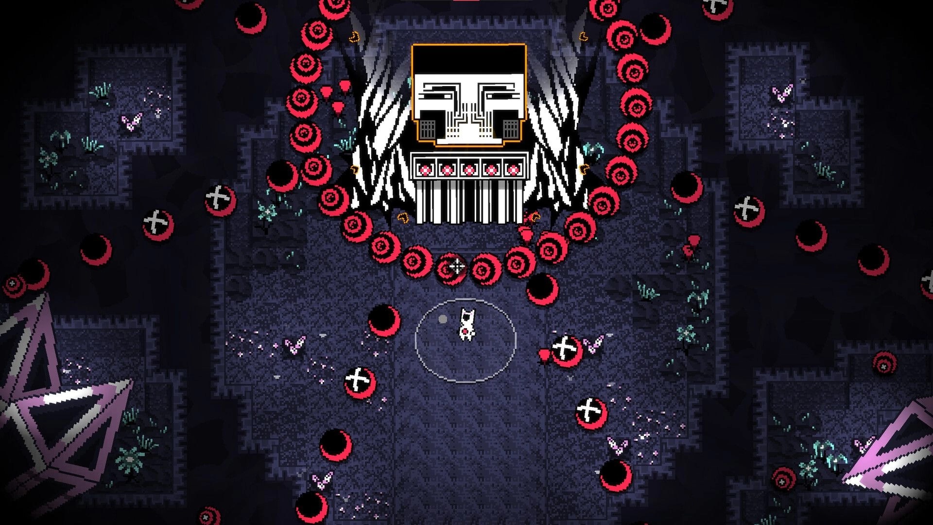 VOIDFACE: Player dodges red spiral bullets from a giant face boss in a dark stone arena dungeon.