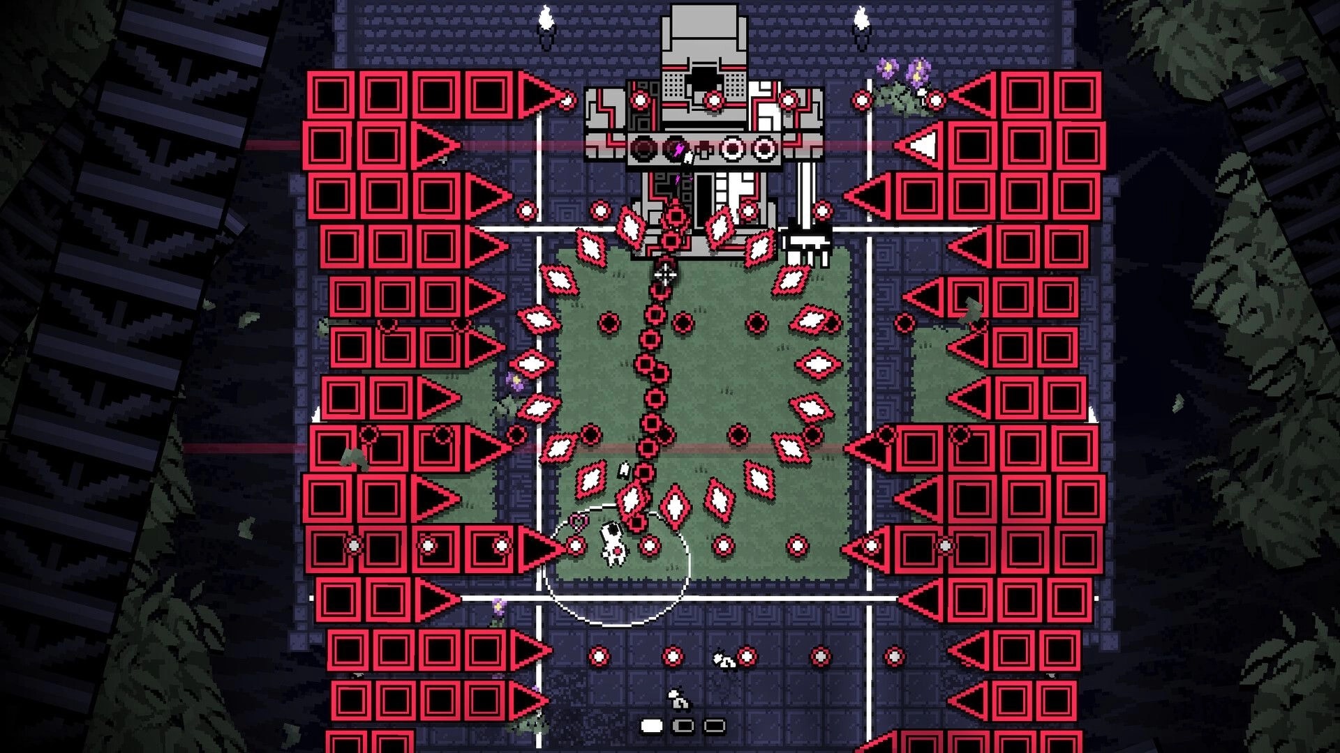 VOIDFACE: Player dodges dense red bullet patterns from a robot boss in a top-down stone arena.