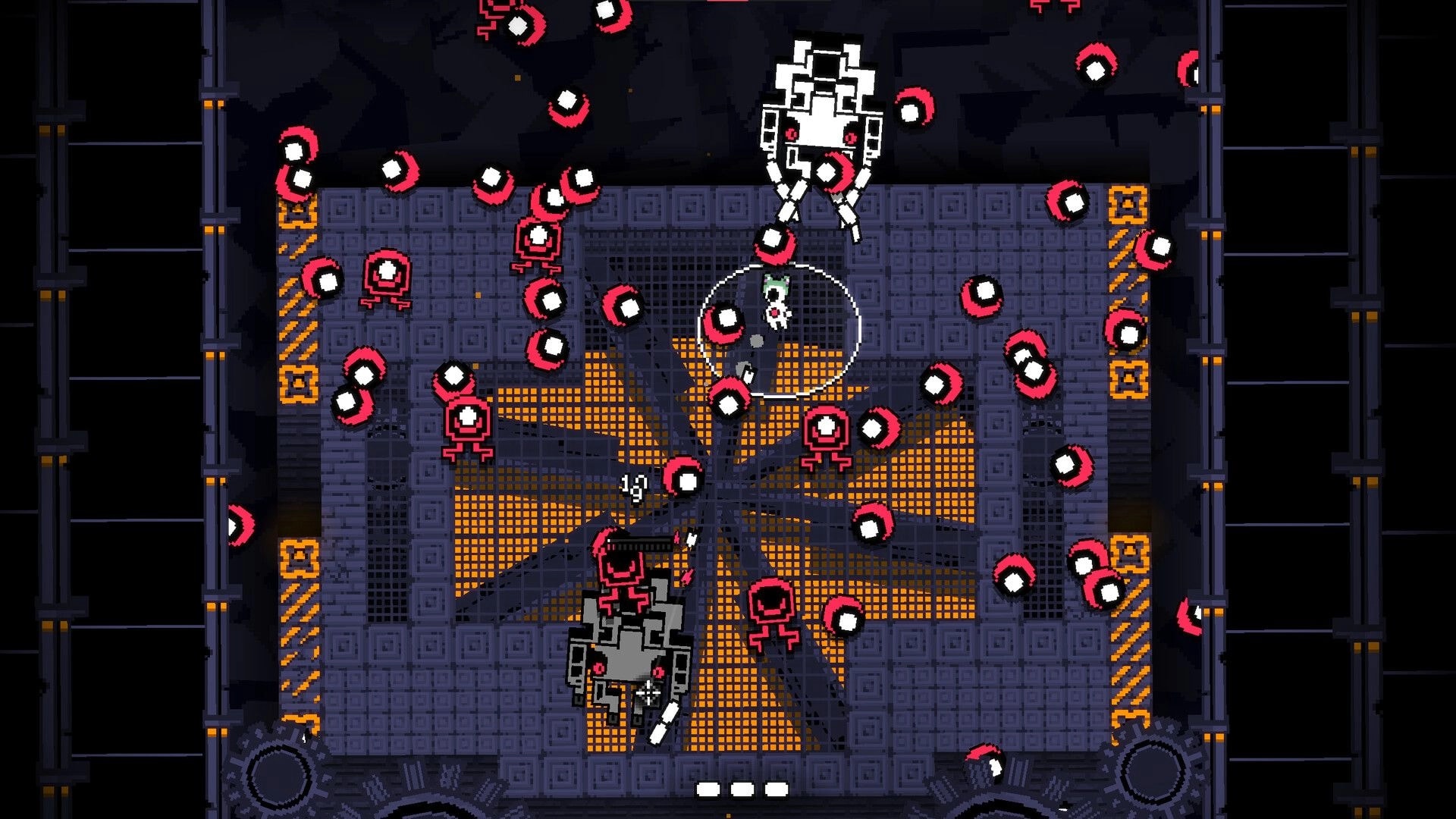 VOIDFACE: Player dodges red bullet rings and small drones in a metal arena with two robot bosses.