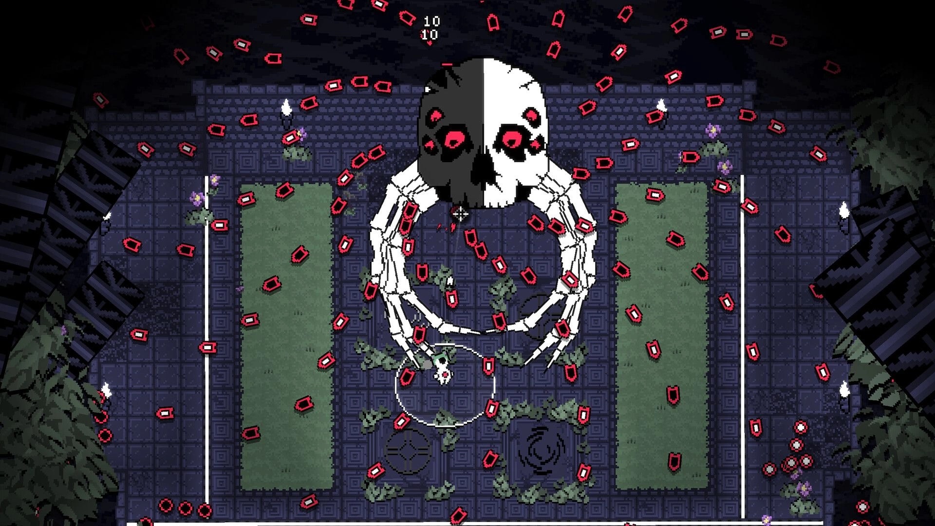 VOIDFACE: Giant skull boss spews red bullets at player in stone courtyard arena with score counter UI.