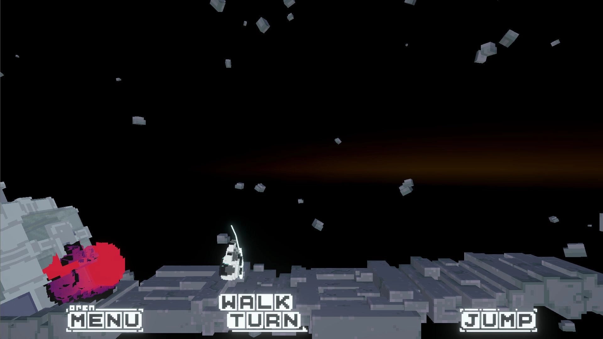 WalkWalkWalk: White character on floating stone platform in space, with MENU, WALK TURN, JUMP prompts.