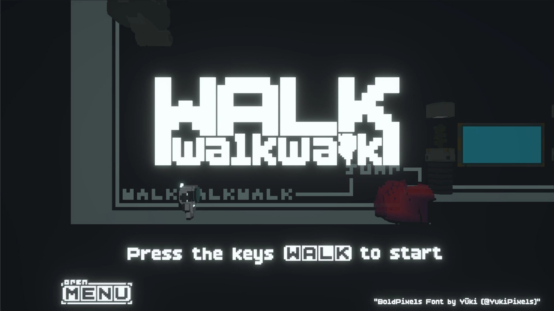 WalkWalkWalk: Title screen with glowing logo and prompt “Press the keys WALK to start” in dark room.