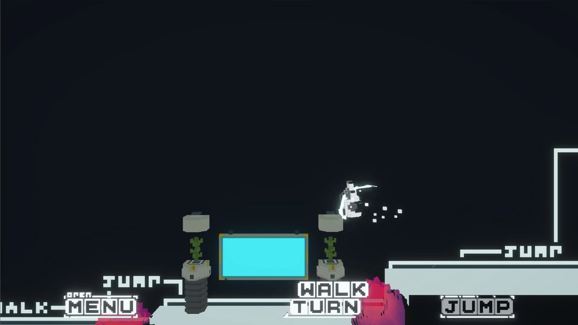WalkWalkWalk: Tutorial jump over platforms with on-screen button prompts in a dark sci-fi room.