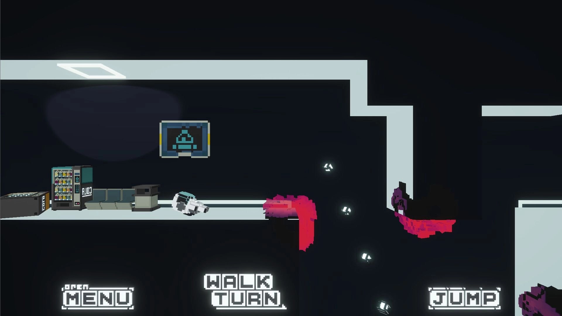 WalkWalkWalk: Robot lies by vending machines as purple foe leaps in dark corridor with menu UI.
