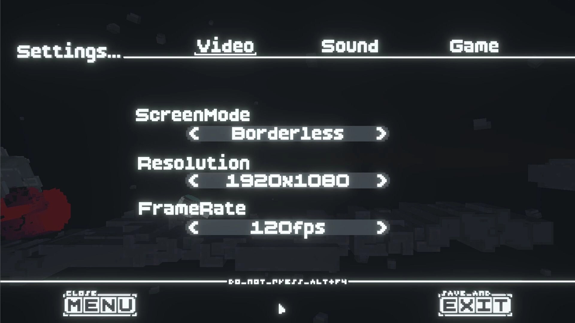 WalkWalkWalk: Video settings menu with screen mode, resolution, and framerate options over dark scene.