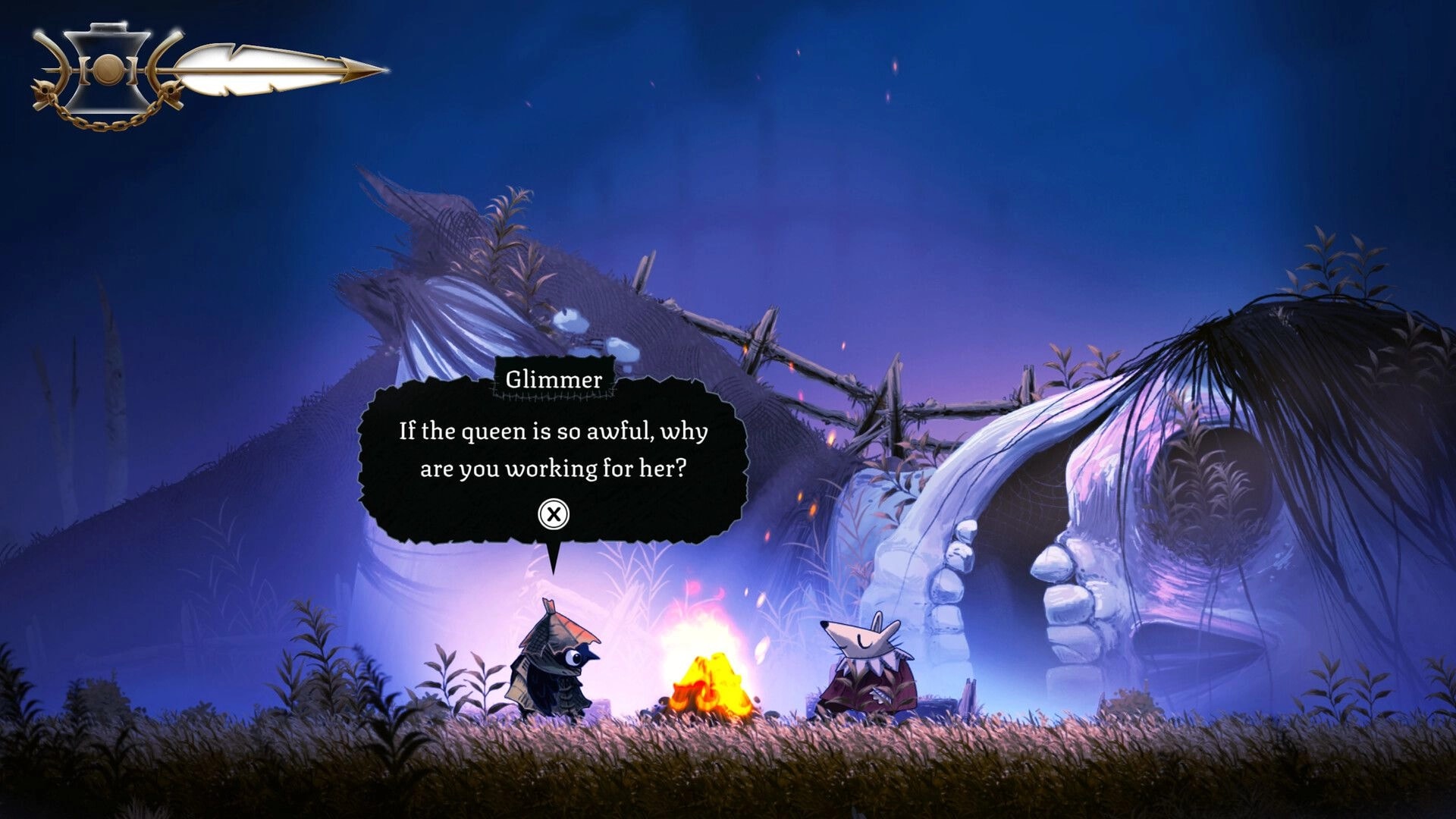 Well Dweller: Glimmer dialogue choice by a campfire outside a cave, sword-shaped health bar UI visible.