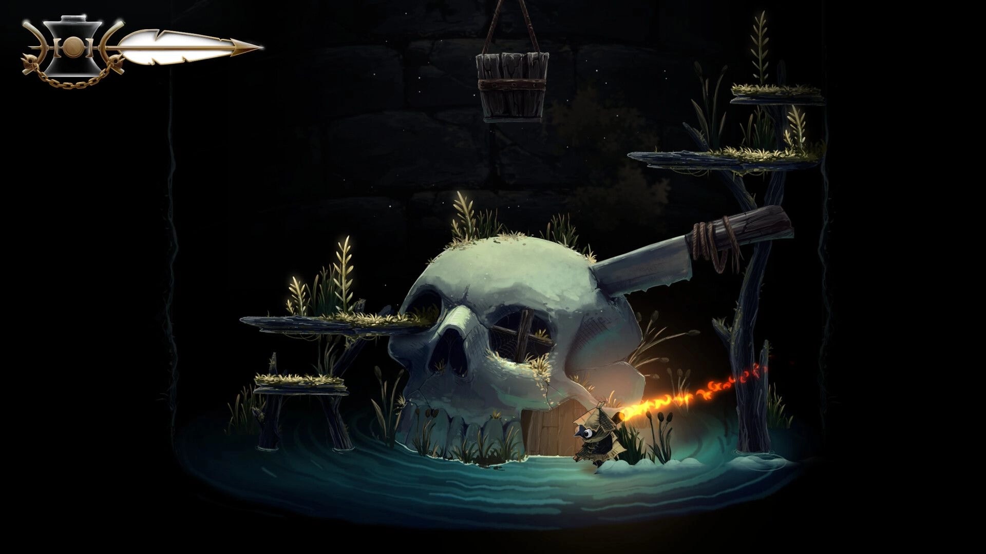 Well Dweller: Glimmer runs with a flaming matchstick past a skull hut in a dark swamp cavern UI bar top-left.