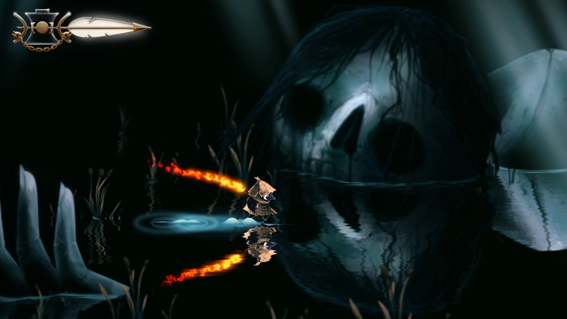 Well Dweller: Glimmer wades through dark water, trailing fire, as a skull cave looms behind UI icon.