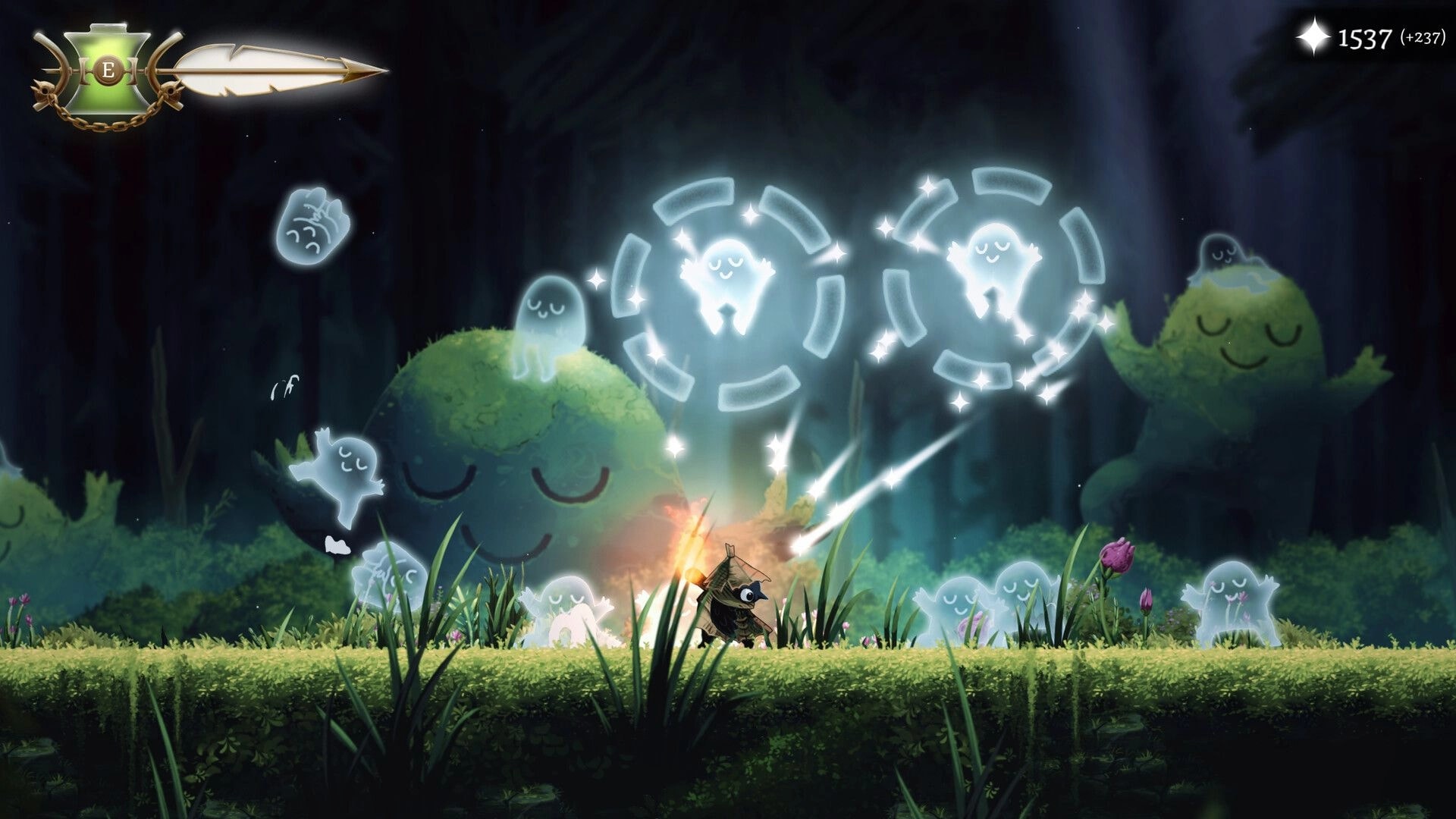 Well Dweller: Glimmer stands by a campfire amid glowing spirits in a misty forest, currency UI visible.