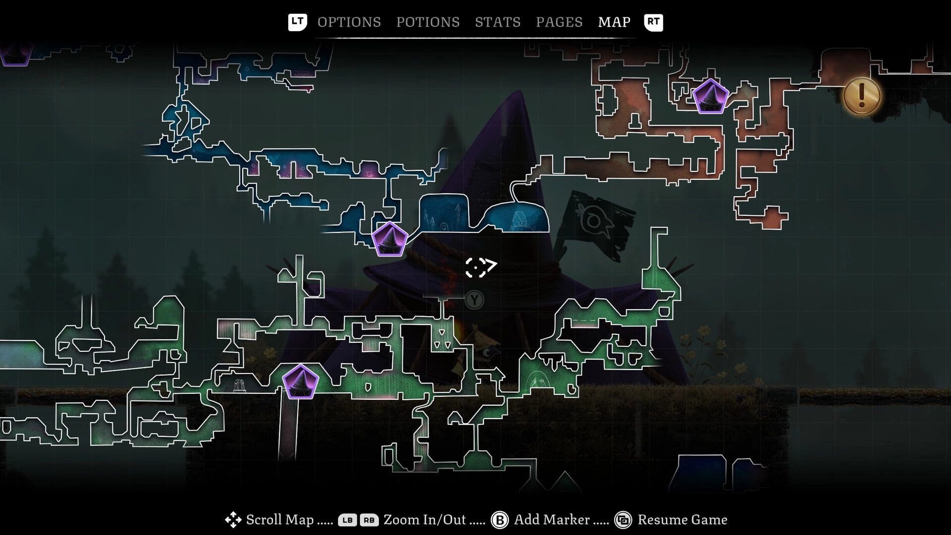 Well Dweller: Map screen with explored tunnels, purple markers and quest icon over a dark forest backdrop.