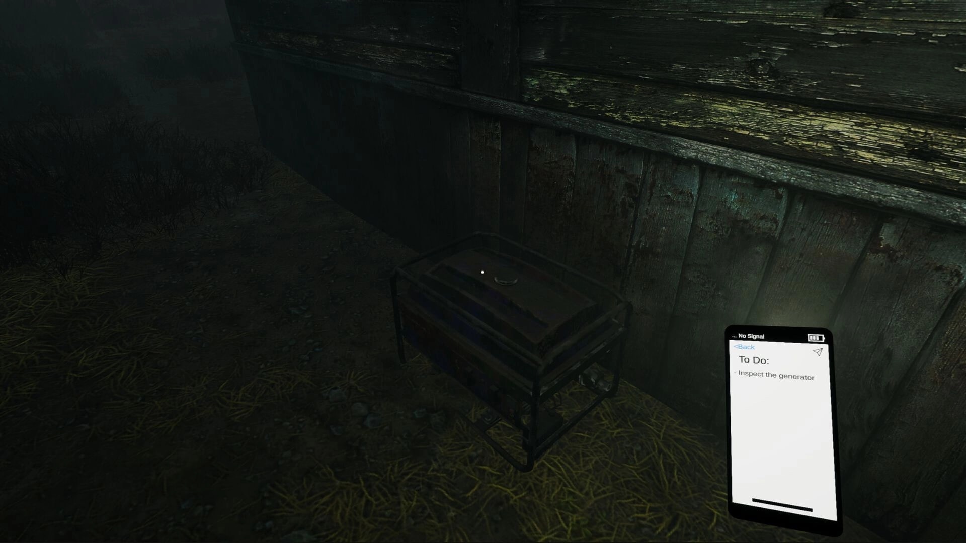 Whispering Fog: Player checking a to-do list on phone beside a rusty generator in the foggy forest.