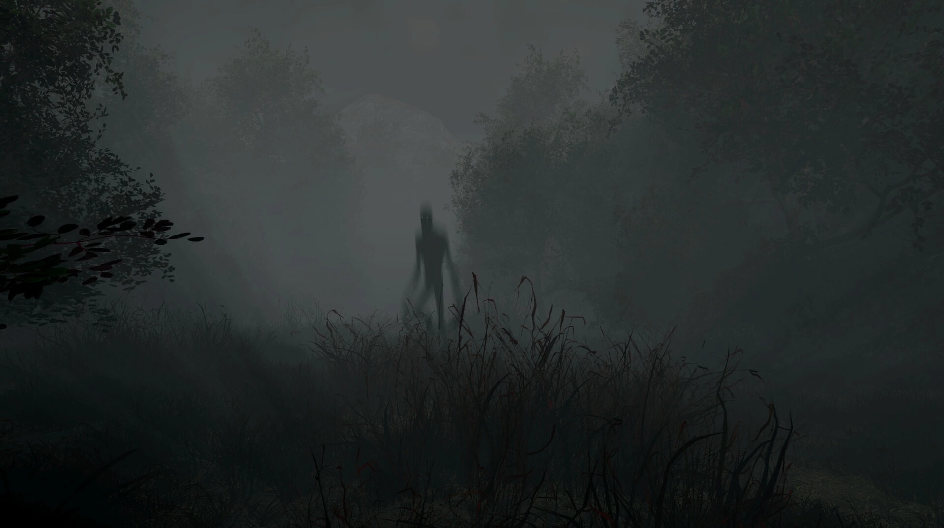 Whispering Fog: Shadowy figure emerges from thick fog in eerie, dimly lit forest environment