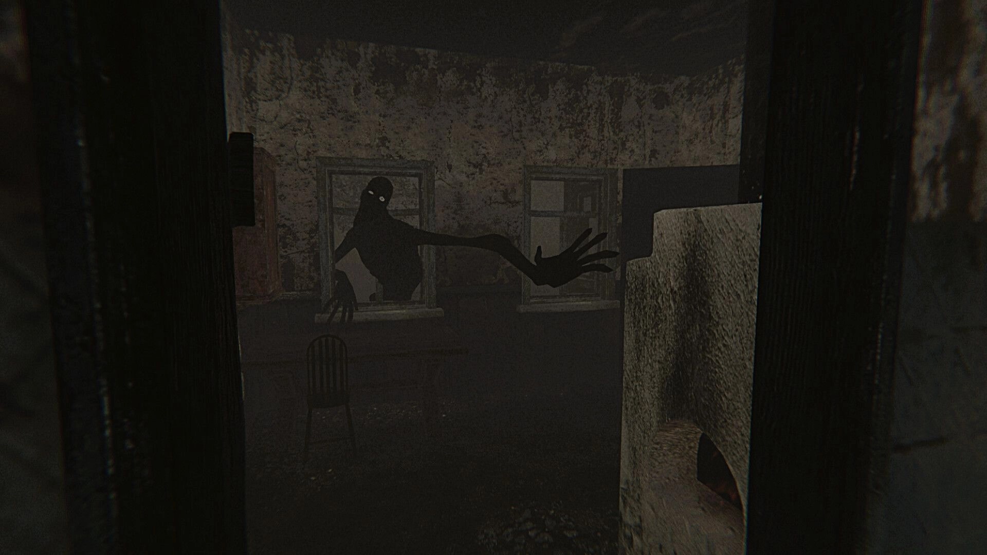 Whispering Fog: Shadowy figure with elongated arms reaching through window in dim, decaying room.