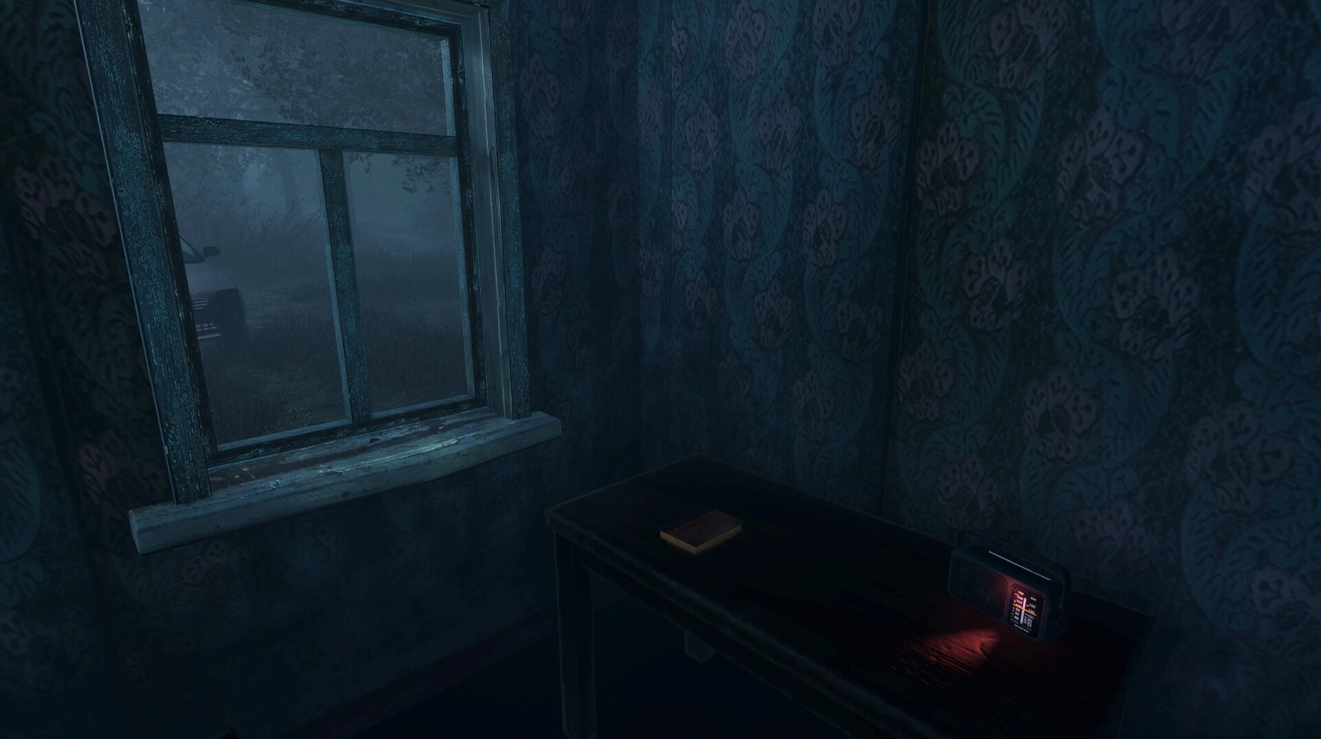 Whispering Fog: Dimly lit room with foggy window, table, radio, and notebook, eerie forest outside