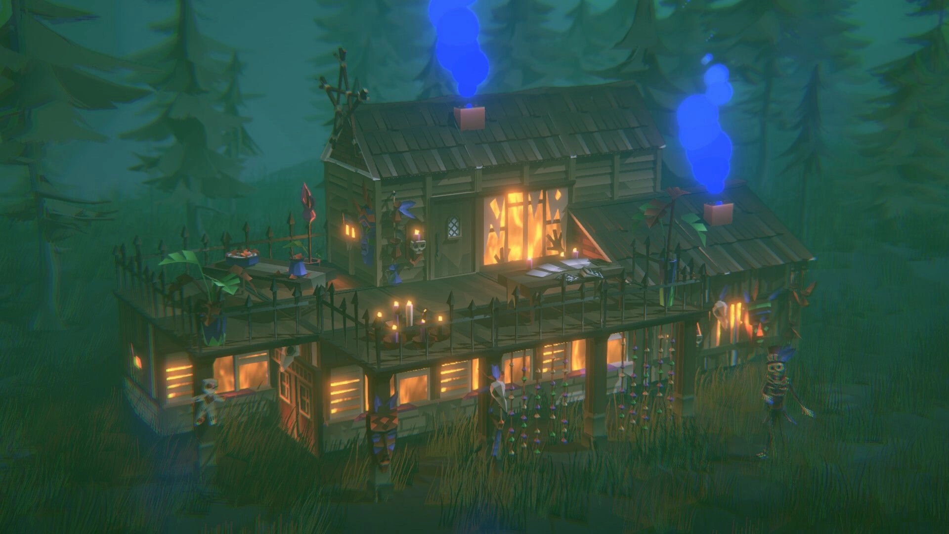 Wicked Cabins: Lit cabin build with candles and blue roof smoke in a fenced, misty forest clearing.