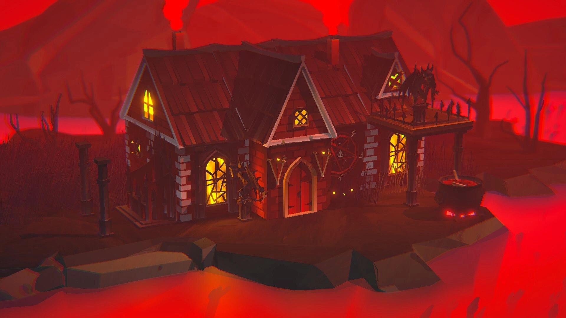 Wicked Cabins: Spooky cabin build with glowing windows and cauldron in a red foggy wasteland.